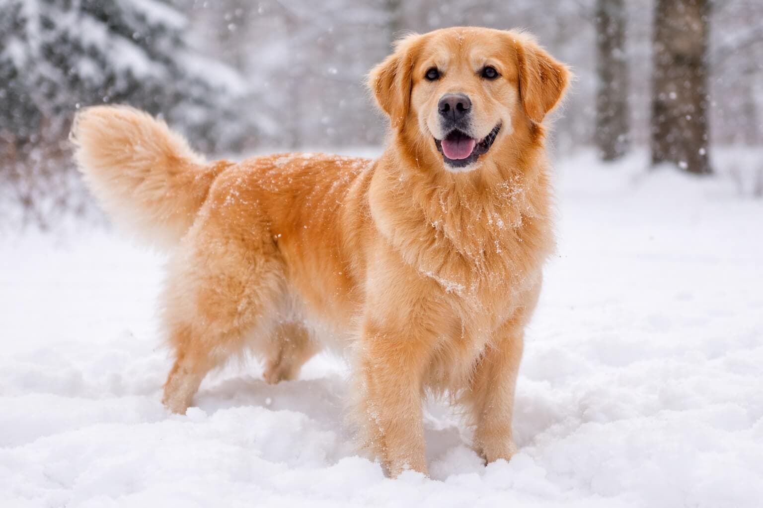 Golden Retriever standing in snow outdoors during winter, showing comfort and safety in cold weather conditions