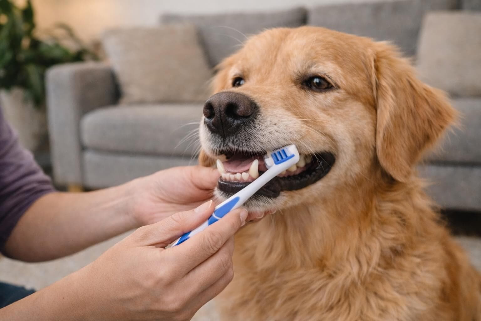 Golden Retriever having its teeth brushed by its owner at home, showing proper dental care and oral hygiene for dogs