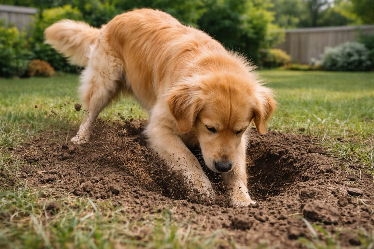 Golden Retriever digging a hole in the yard with dirt flying, showing common digging behavior in dogs
