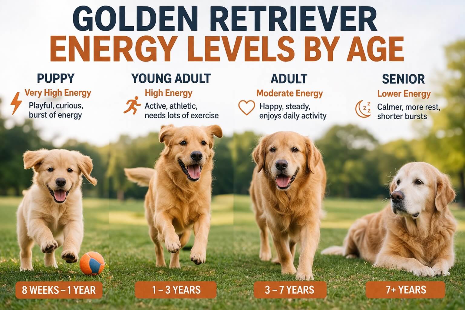 Golden Retriever puppy, young dog, and older dog showing different energy levels from playful to calm at different ages