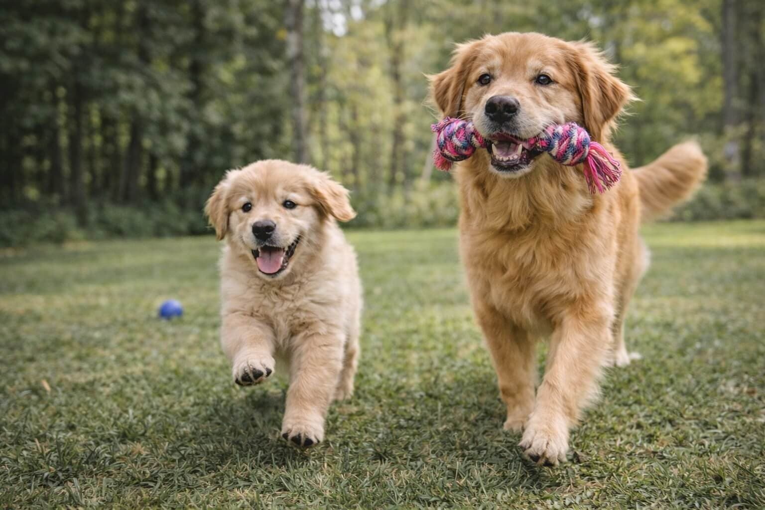 Golden Retriever puppy and adult dog running and playing together in a park, showing exercise needs at different ages