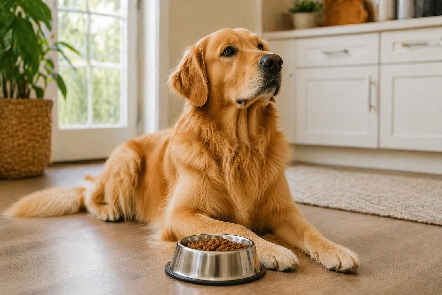 Golden Retriever sitting next to a bowl of properly portioned dog food in a clean feeding area