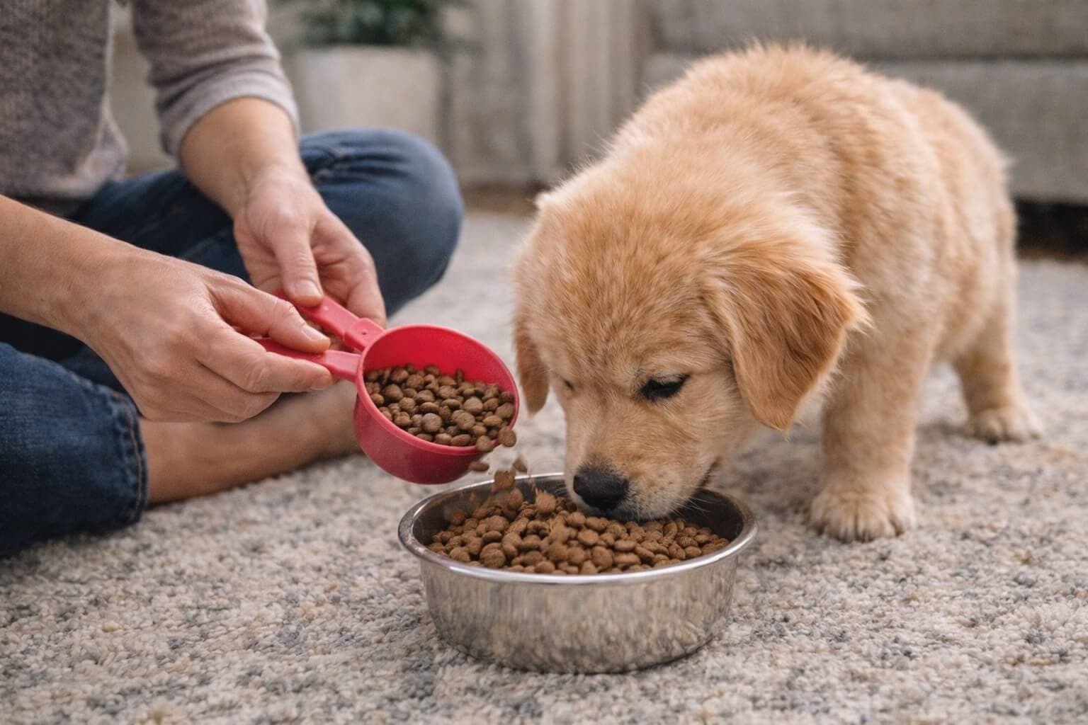 Golden Retriever puppy eating from a bowl while owner measures food with a cup, showing proper feeding schedule and portion control