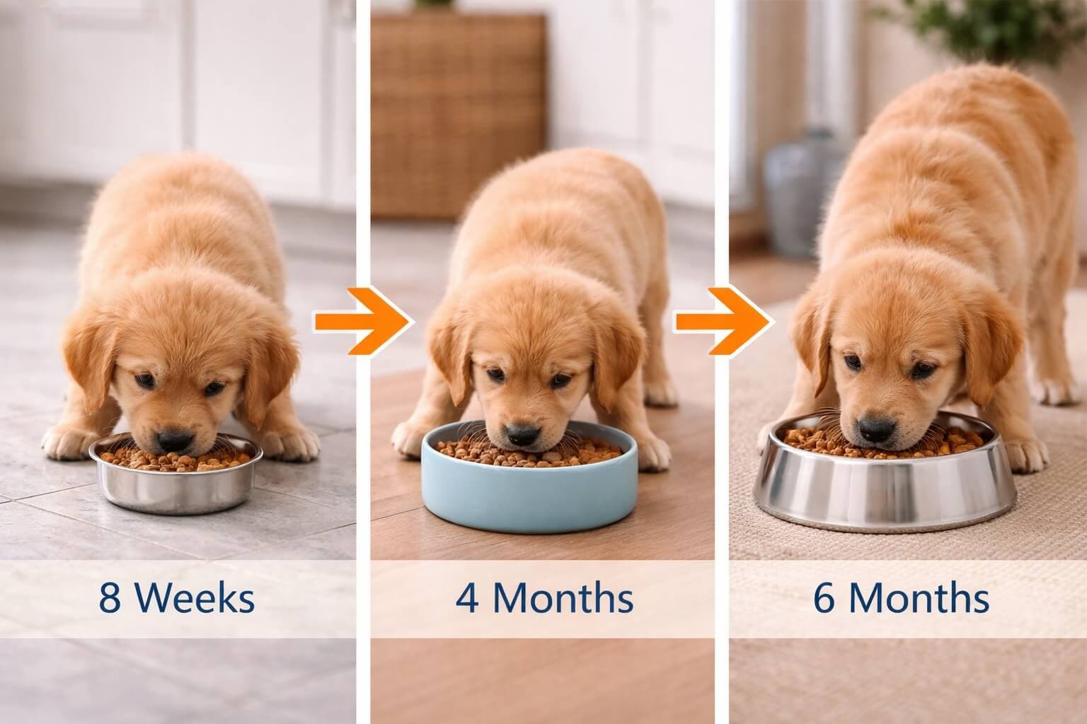 Golden Retriever puppy feeding stages showing different meal sizes and feeding routines as the puppy grows