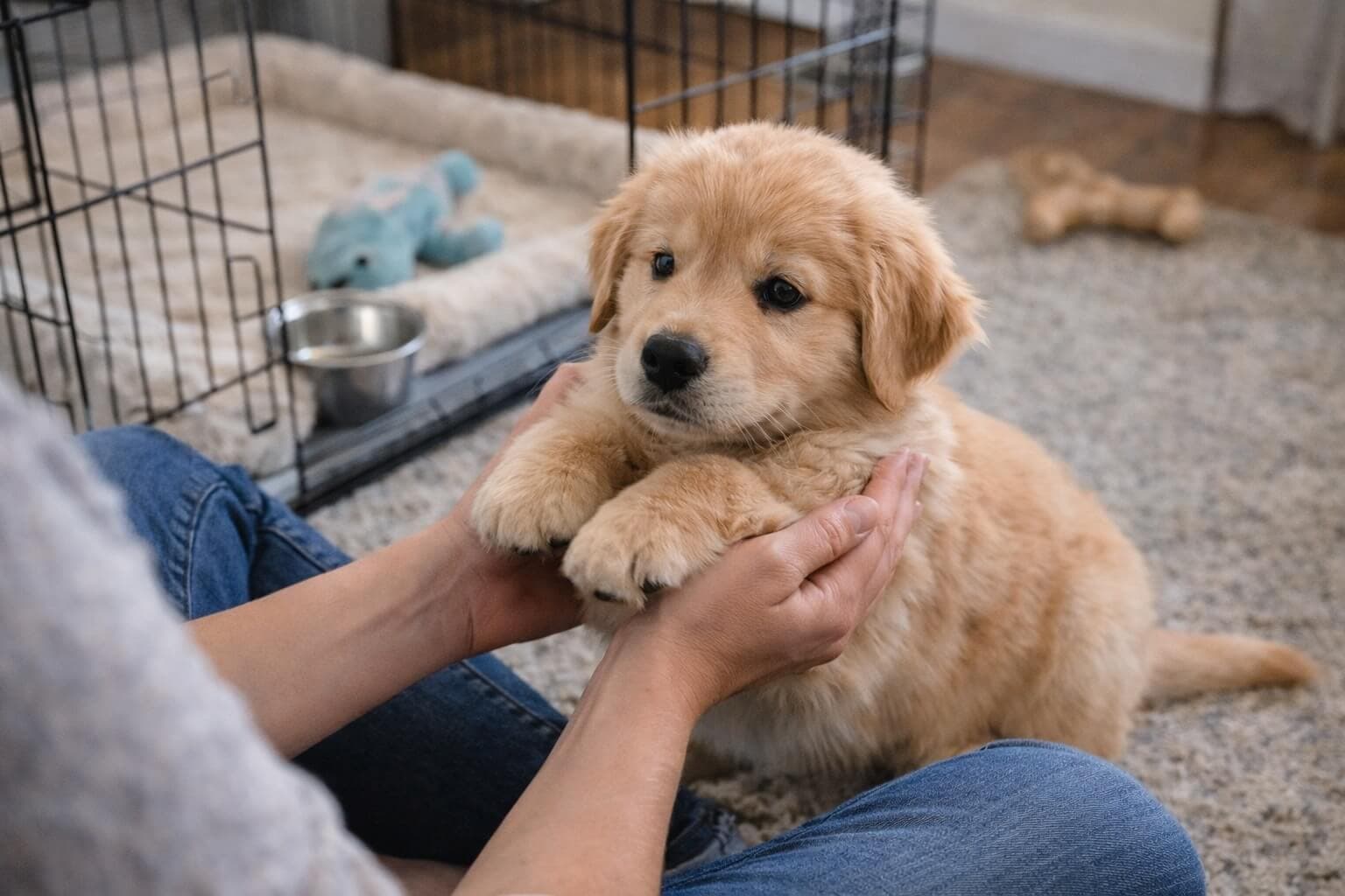 Golden Retriever puppy sitting with its owner at home near a crate and toys, showing the first week home environment and early bonding
