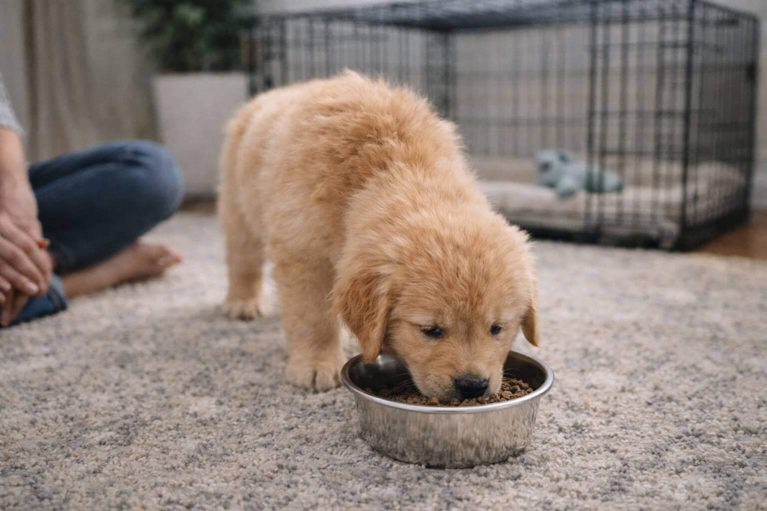 Golden Retriever puppy eating from a bowl at home near a crate, showing part of a first week routine and daily schedule