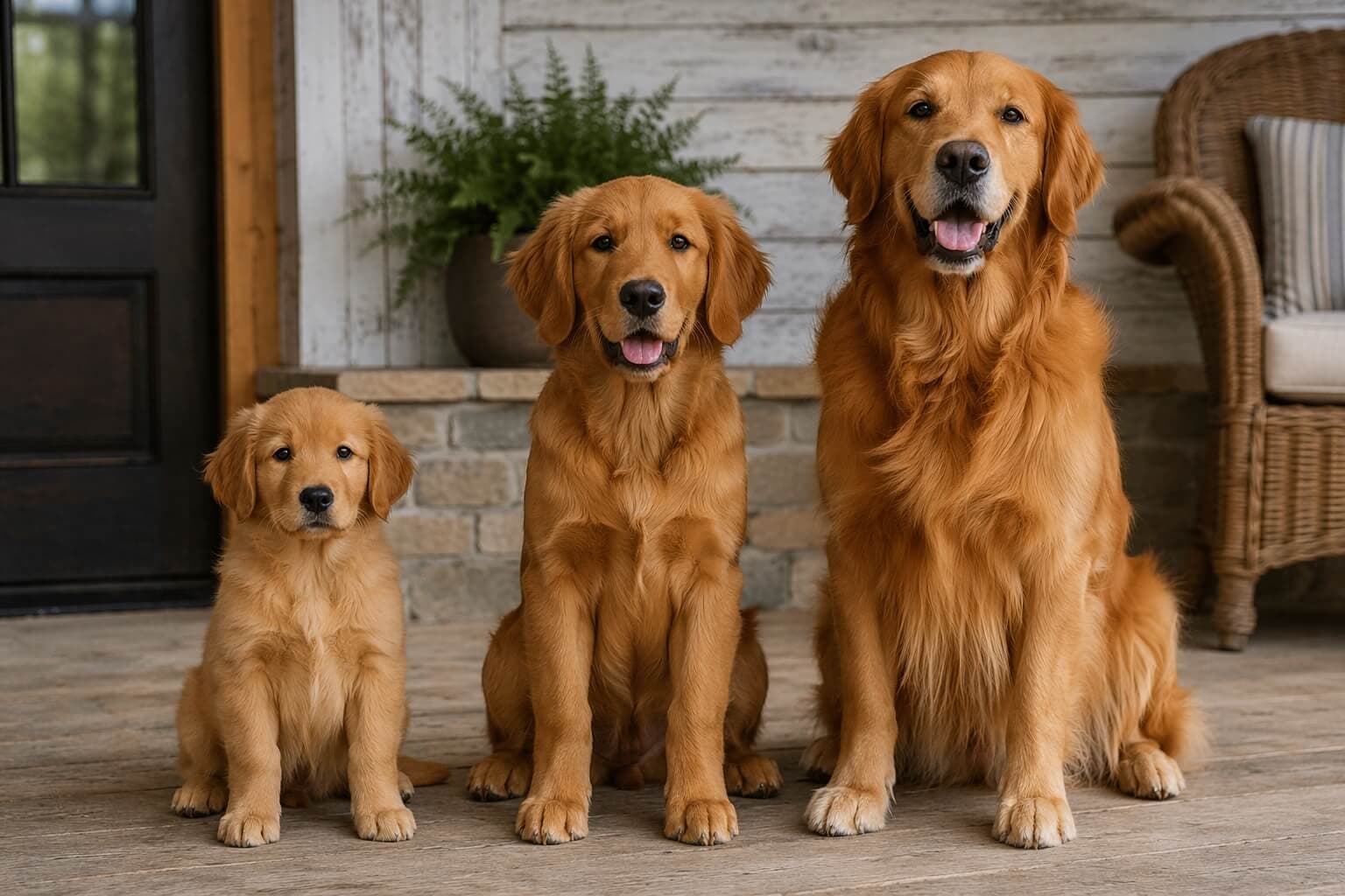 Golden Retriever puppy adolescent and adult standing side by side showing size differences