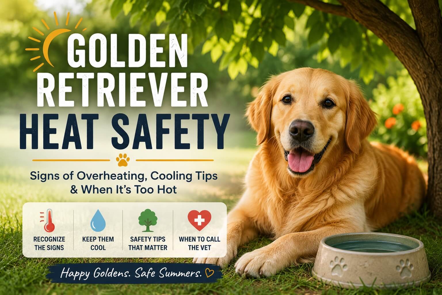 Golden Retriever resting in the shade near fresh water on a warm summer day