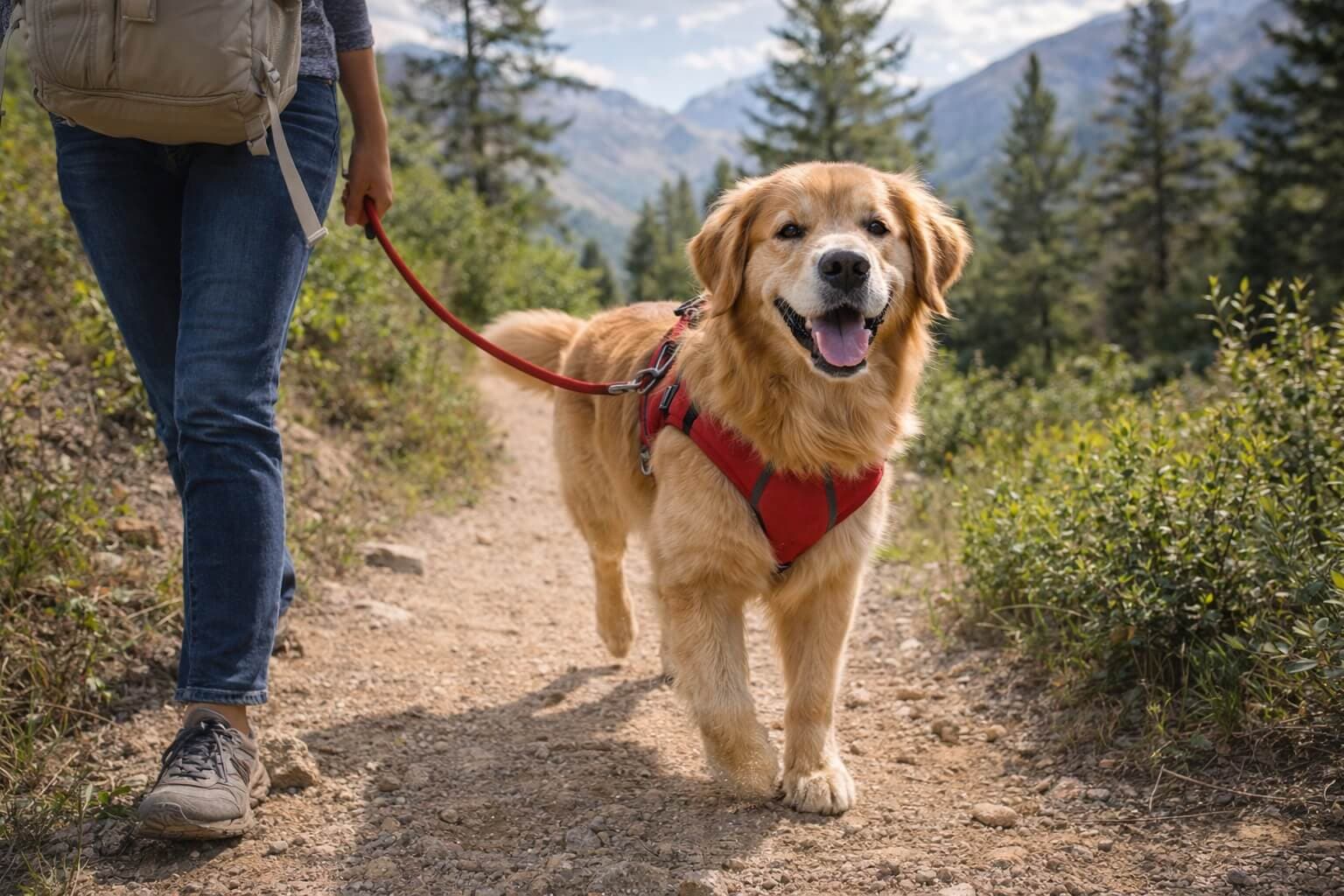 Golden Retriever walking on a mountain trail with its owner while wearing a harness, showing safe outdoor hiking with a dog
