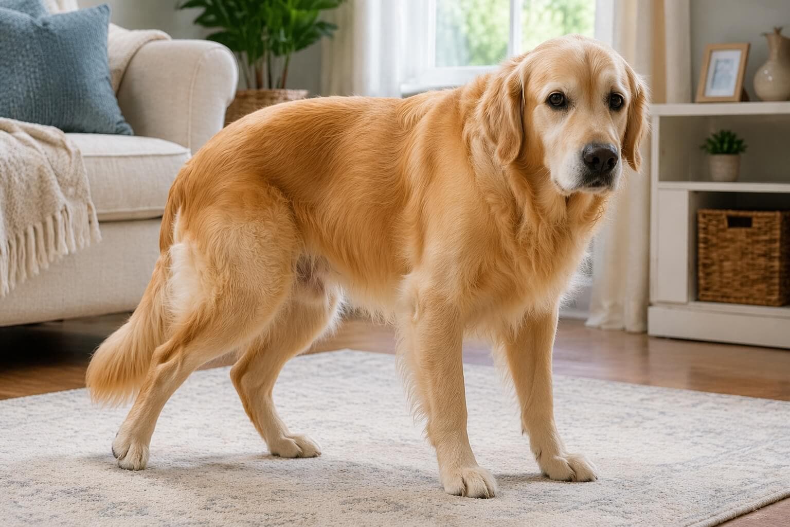 Golden Retriever standing indoors with a stiff posture showing mild hip discomfort