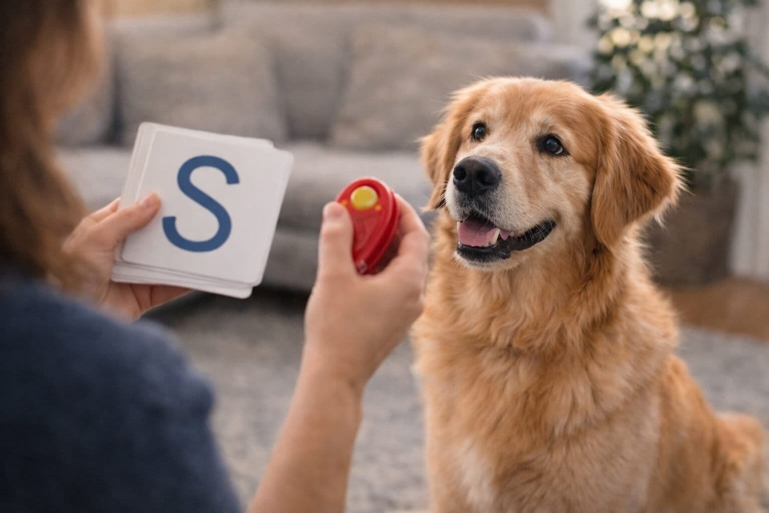 Golden Retriever focused on a training cue while interacting with a person, demonstrating intelligence and learning ability