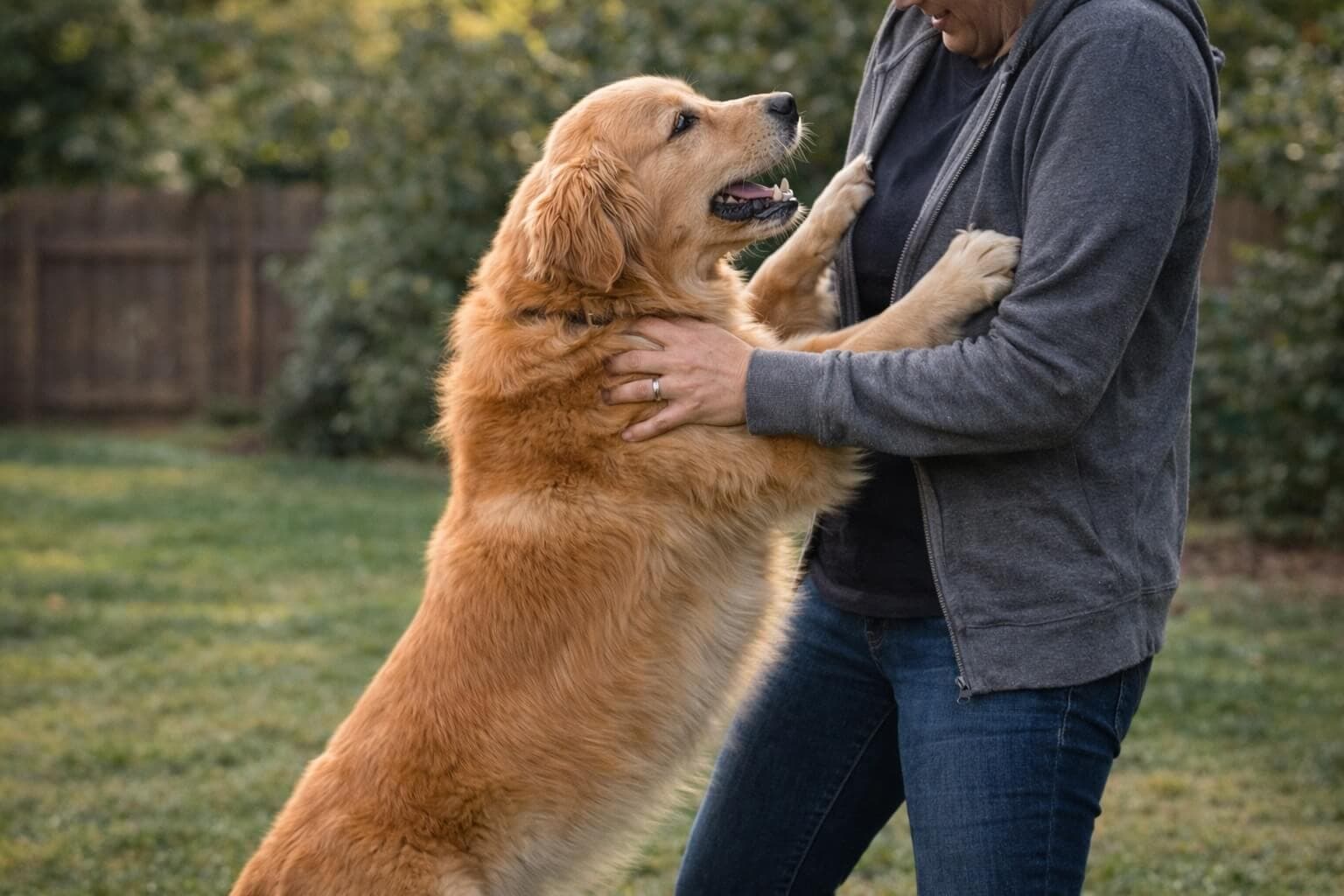 Golden Retriever jumping up on a person during greeting, showing common jumping behavior that owners want to stop