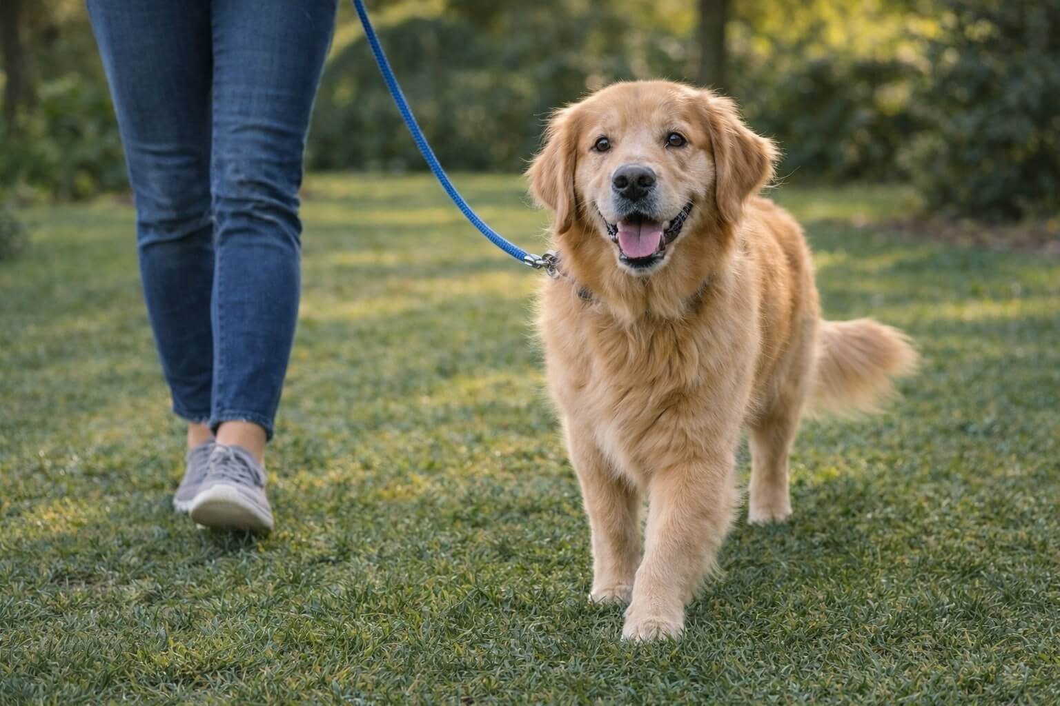 Golden Retriever walking calmly on a leash beside its owner outdoors, demonstrating proper leash training behavior