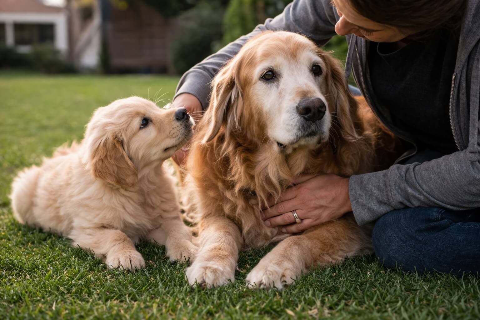 Healthy adult Golden Retriever standing in a sunny park with a shiny coat, representing long lifespan and overall well-being