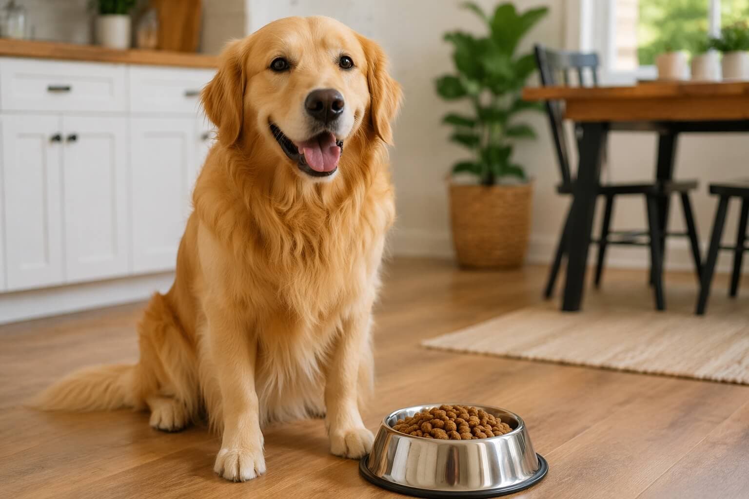 Golden Retriever sitting next to a bowl of healthy dog food in a clean home setting