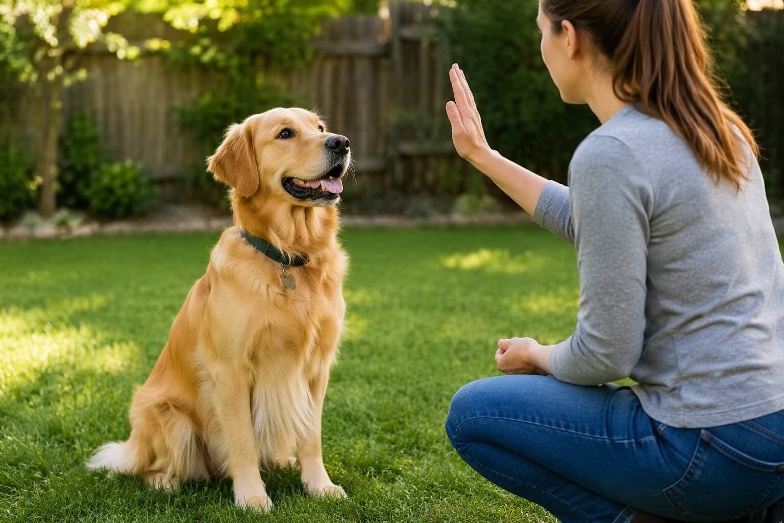 Golden Retriever sitting calmly while its owner gives a hand signal during basic obedience training