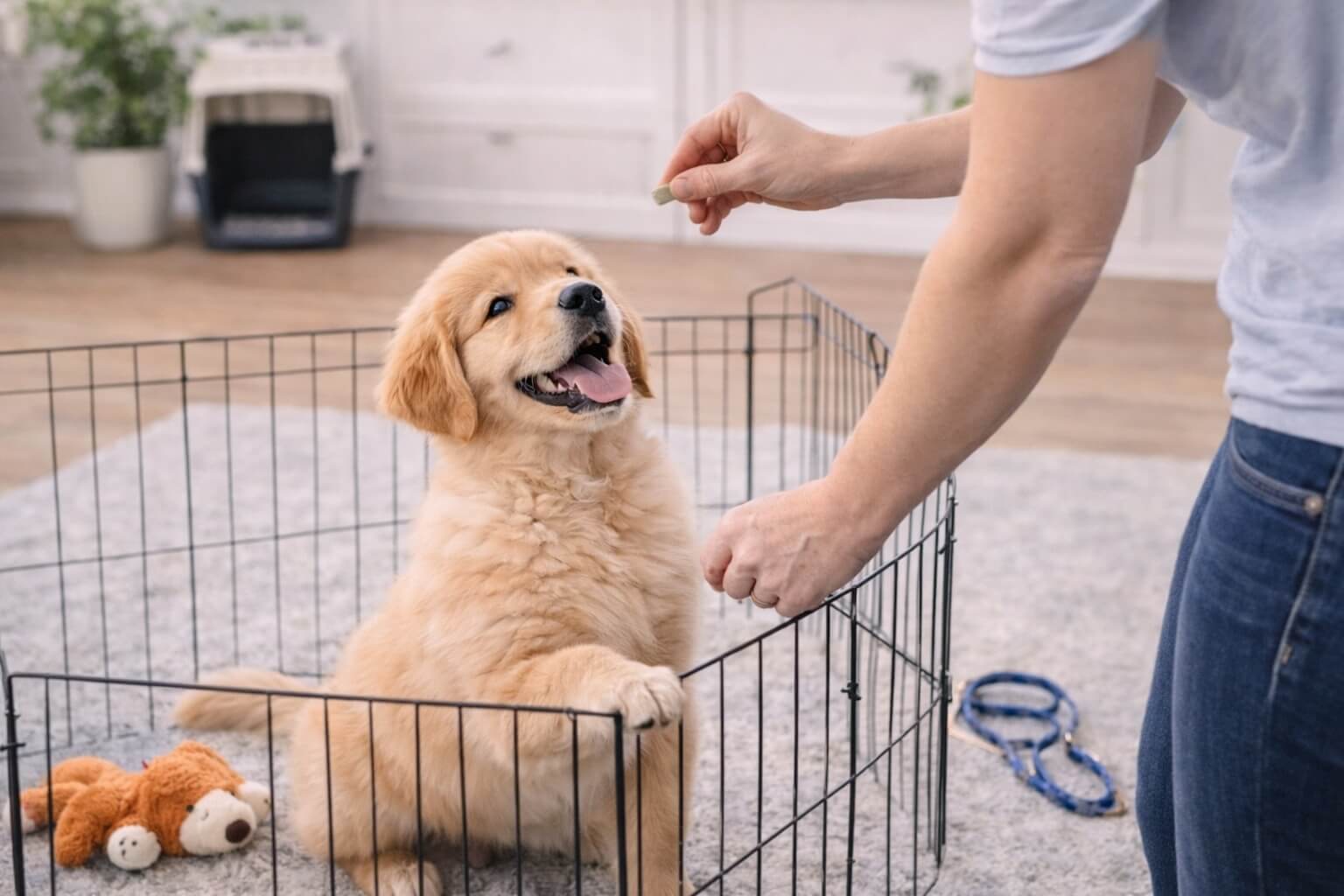 Golden Retriever puppy inside a playpen looking at its owner holding a treat, showing early house training and potty training behavior