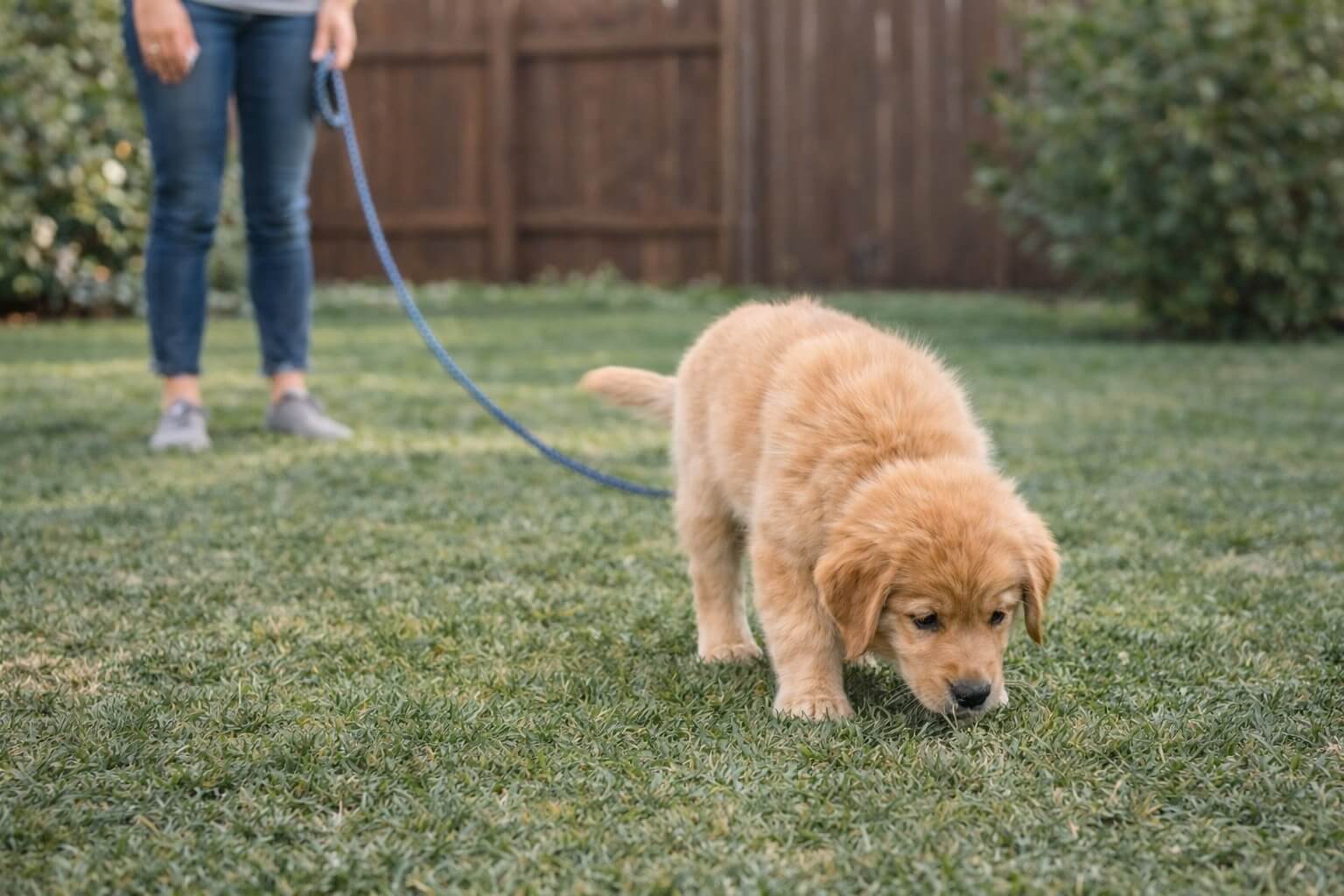 Golden Retriever puppy sniffing grass while on a leash with its owner nearby, showing early potty training behavior outdoors