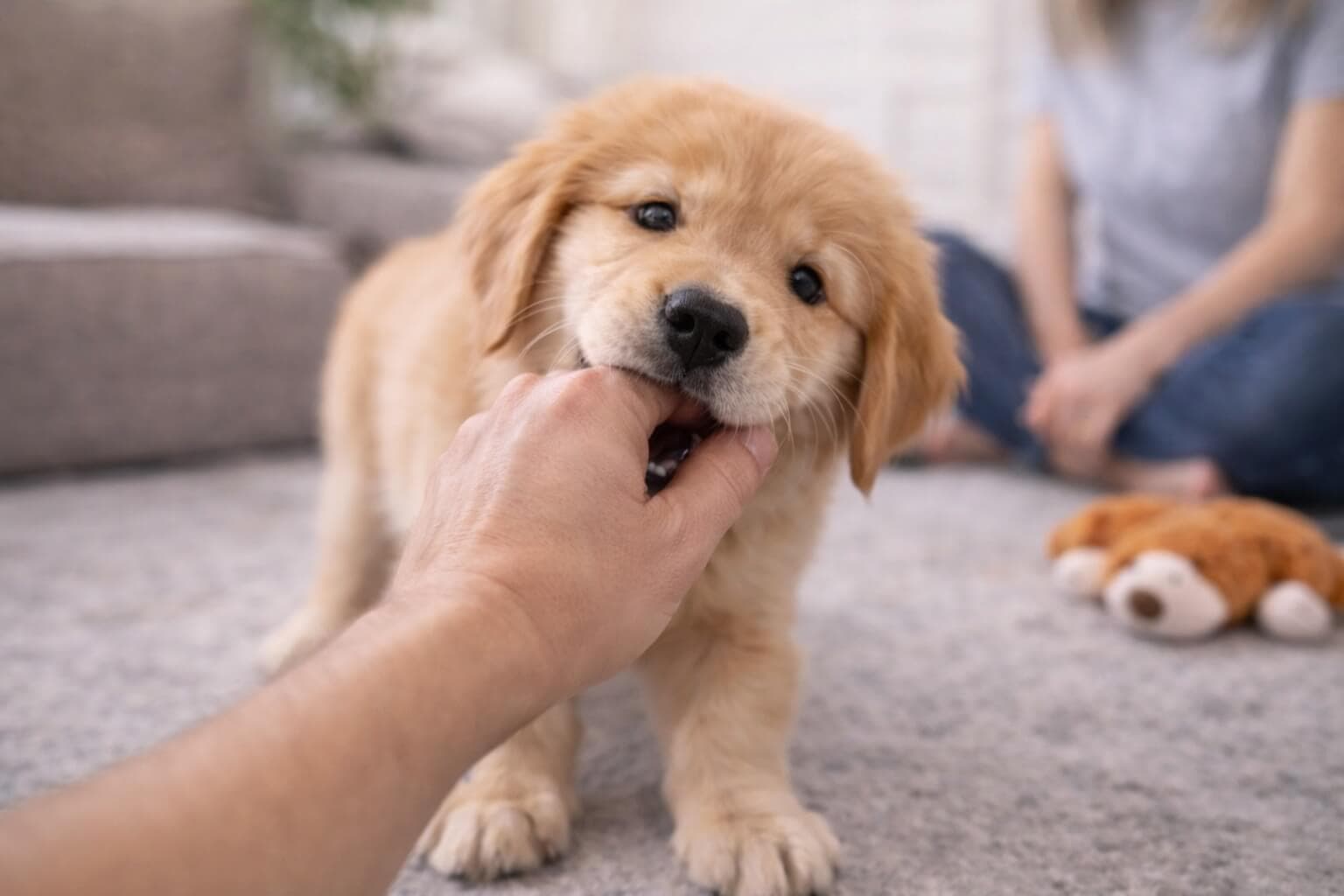 Golden Retriever puppy biting a person's hand during indoor play showing intense mouthing behavior