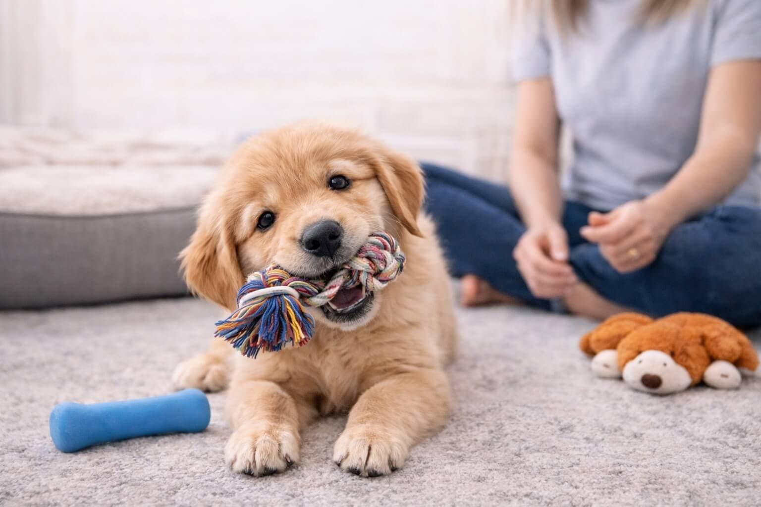 Golden Retriever puppy chewing on a rope toy during play, showing normal puppy biting behavior and teething
