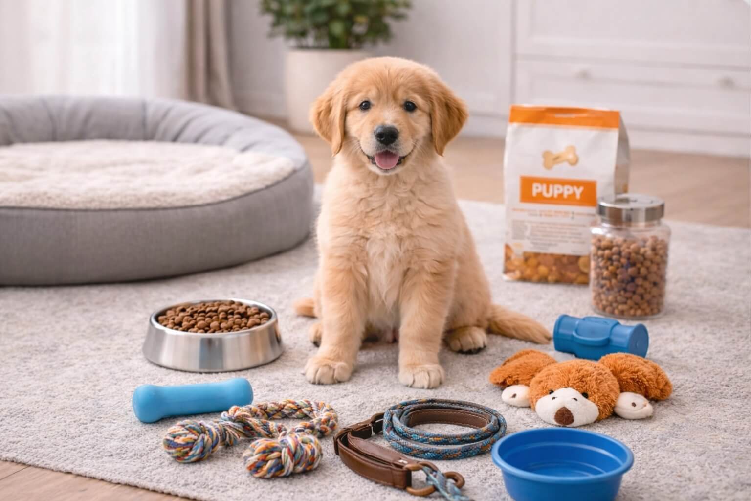 Golden Retriever puppy sitting next to essential supplies like food bowl, leash, toys, and bed, showing preparation before bringing a puppy home