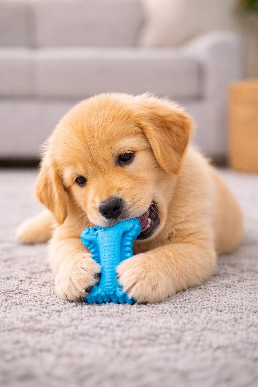 Golden Retriever puppy chewing a toy during teething, showing natural chewing behavior and relief
