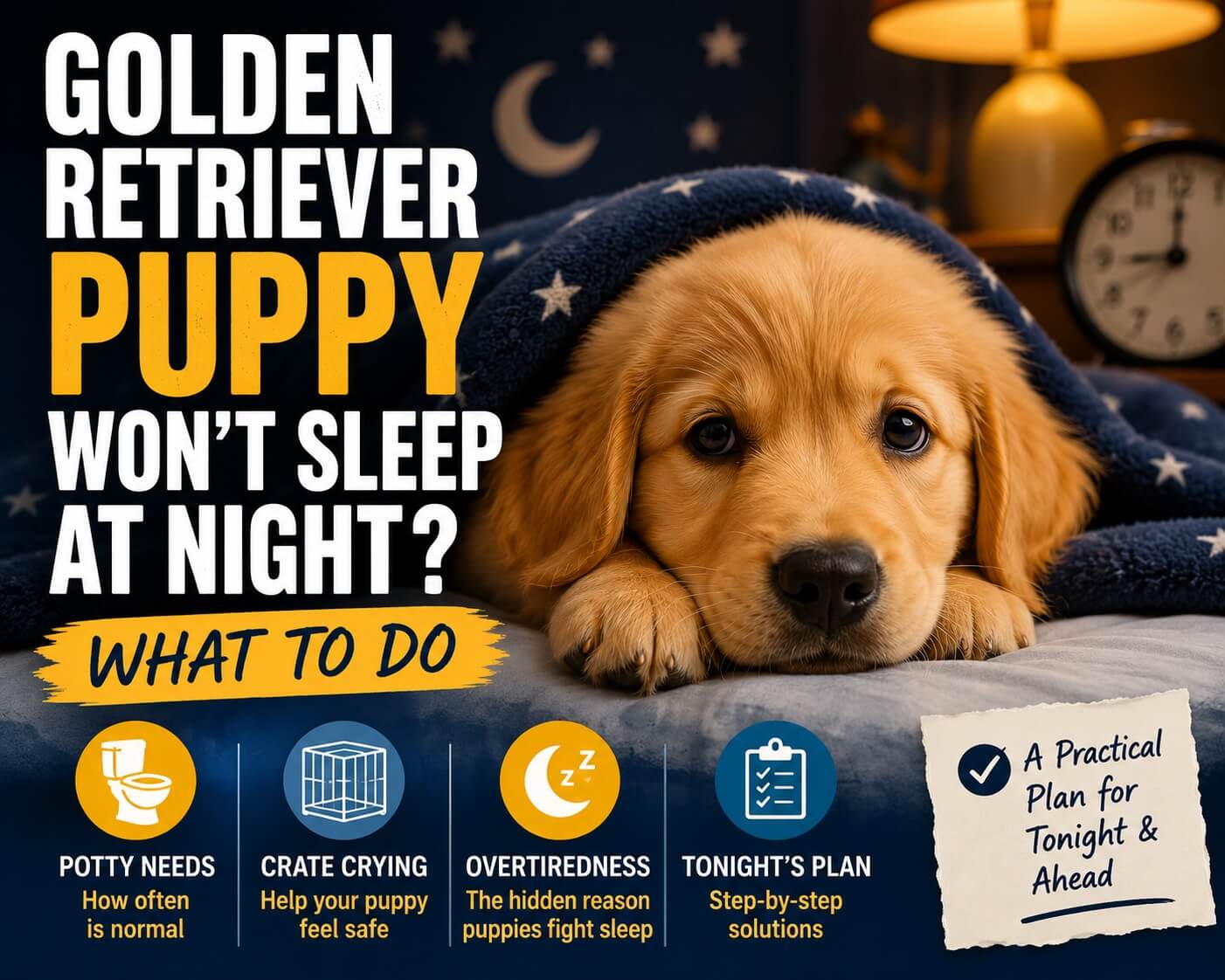 Golden Retriever puppy awake in a crate at night while the room is quiet