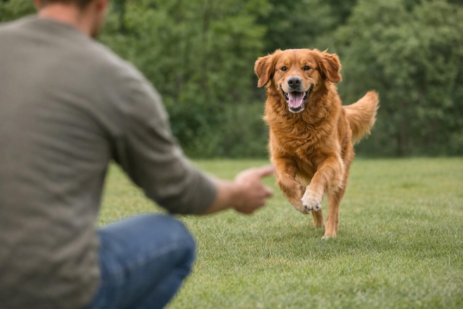 Golden Retriever running toward its owner during recall training, showing a reliable come command in action