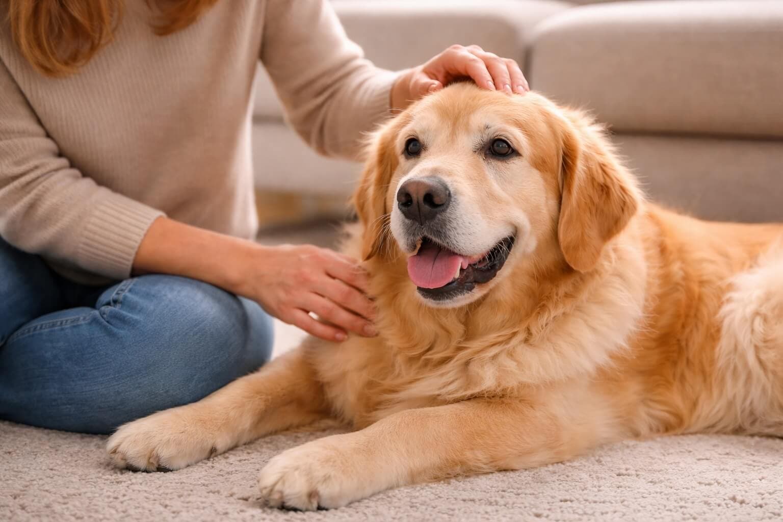 Senior Golden Retriever resting comfortably while being gently cared for by its owner, showing calm aging and comfort