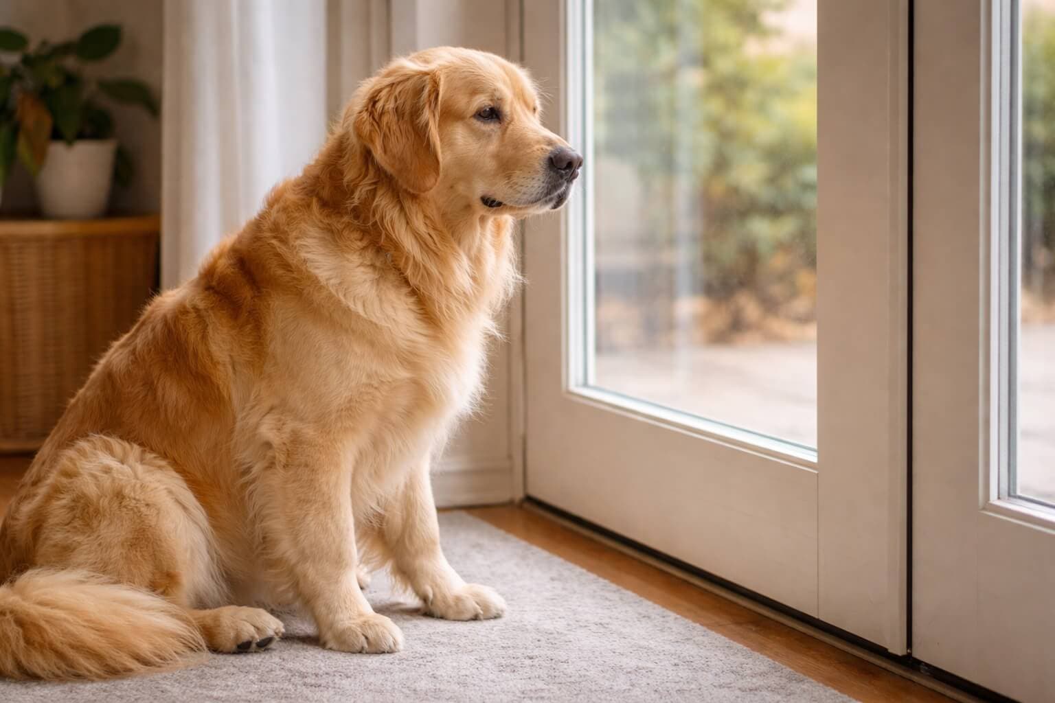 Golden Retriever sitting alone by a door looking outside, showing mild separation anxiety and waiting behavior
