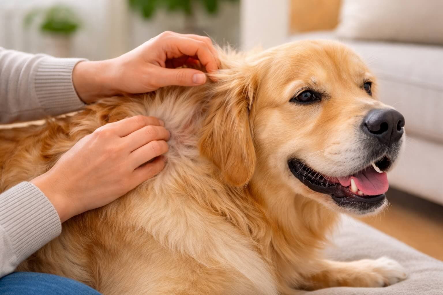 Golden Retriever having its fur gently inspected for skin issues, showing early detection and care