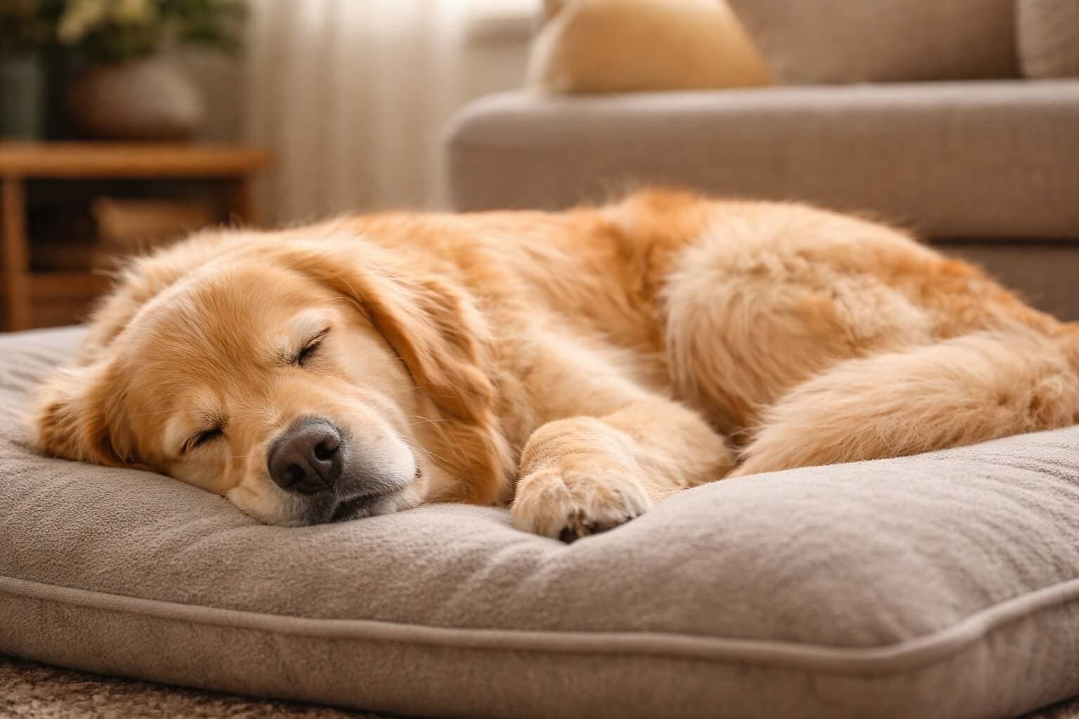 Golden Retriever sleeping peacefully on a soft bed indoors, showing normal rest and sleep behavior