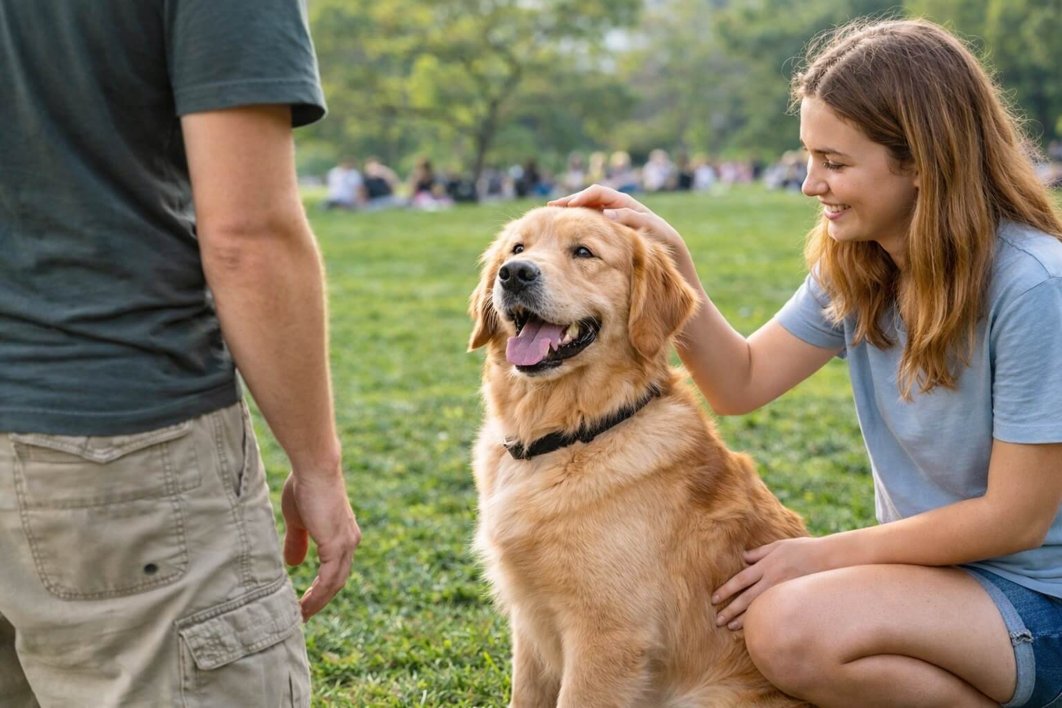 Golden Retriever calmly interacting with people in a park, showing confident and well-socialized behavior