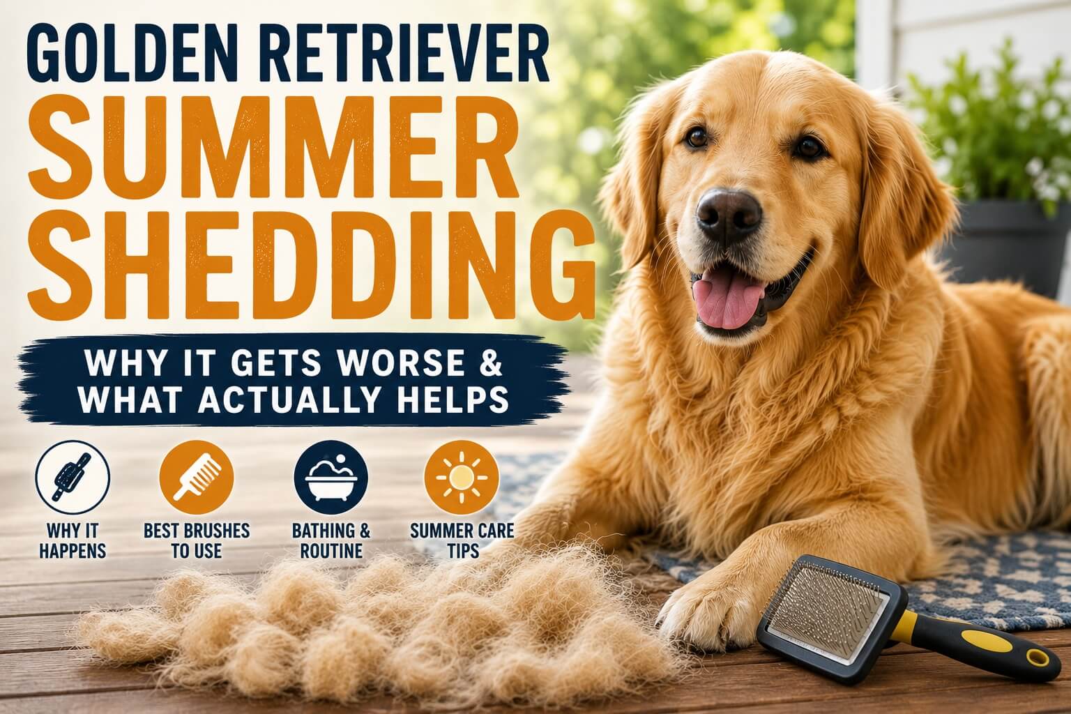 Golden Retriever resting beside a grooming brush and loose summer coat fur