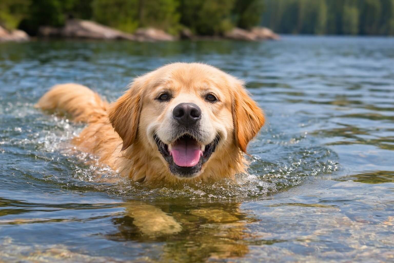 Golden Retriever swimming in a lake with head above water, showing natural water ability and safe swimming enjoyment