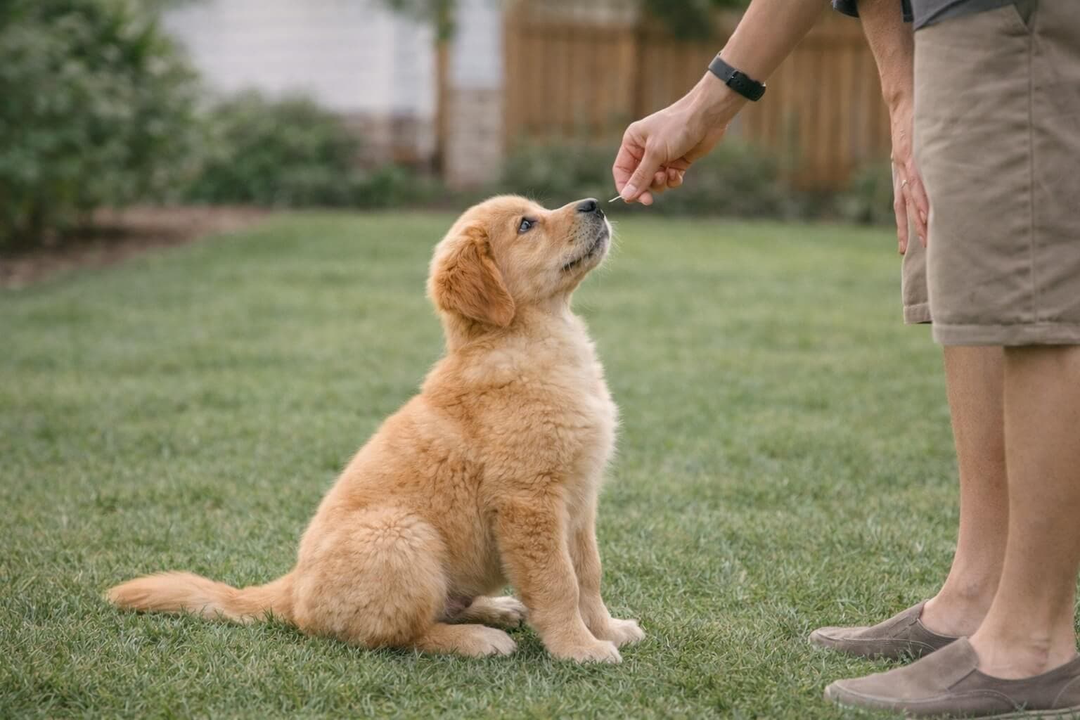 Golden Retriever puppy calmly practicing training with its owner during a daily routine, showing structured training habits