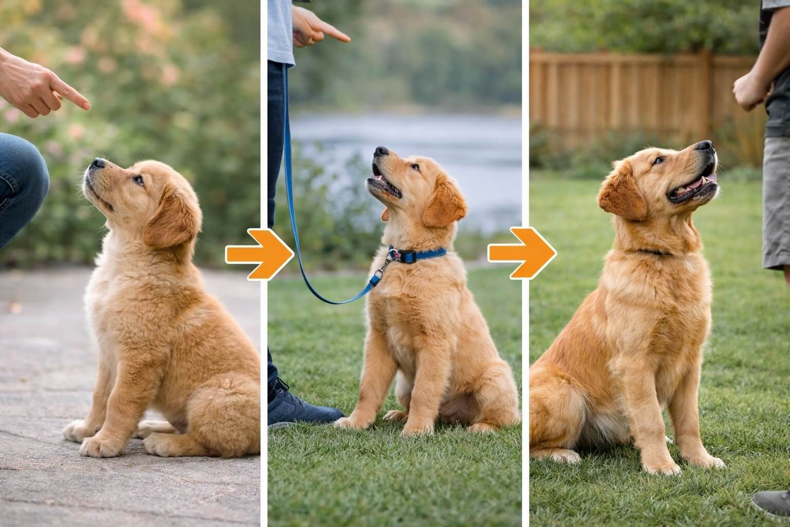 Golden Retriever puppy training stages showing progression from basic commands to more advanced training over time