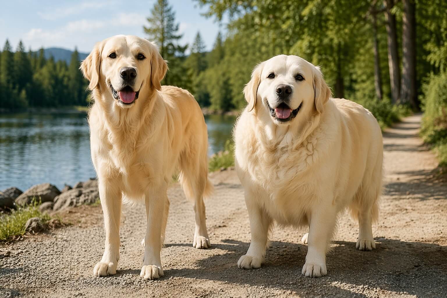 Two Golden Retrievers standing side by side showing healthy weight and slight overweight difference