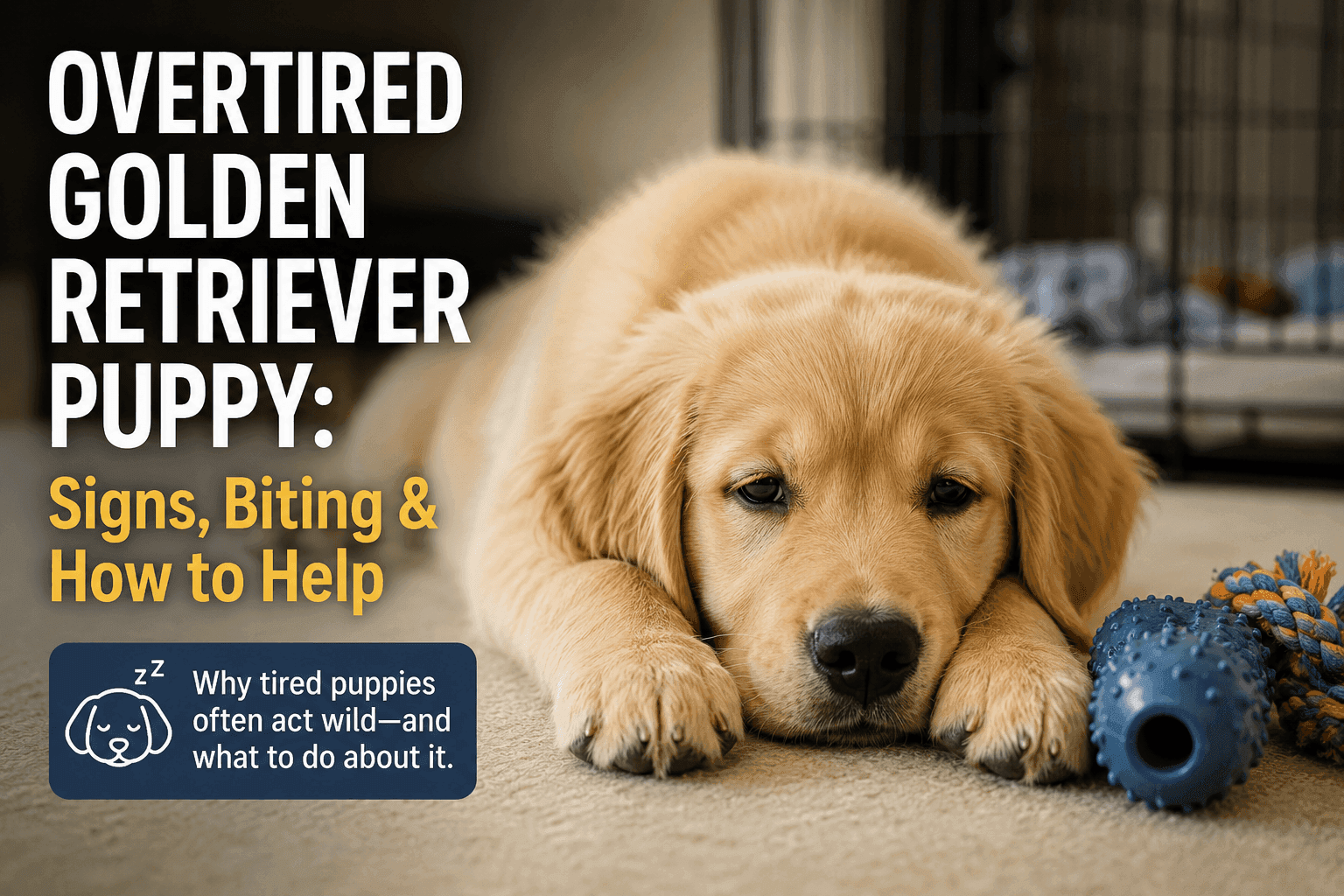 Overtired Golden Retriever puppy resting after an energetic play session