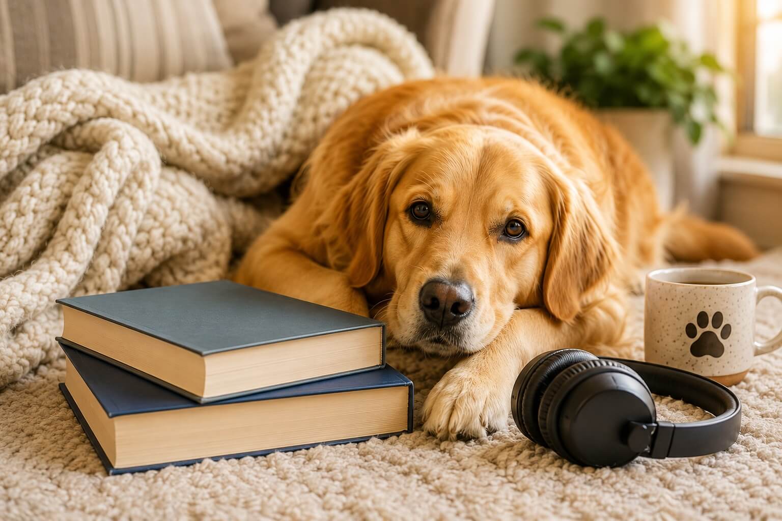 Golden Retriever resting beside two books in a cozy reading corner with headphones nearby