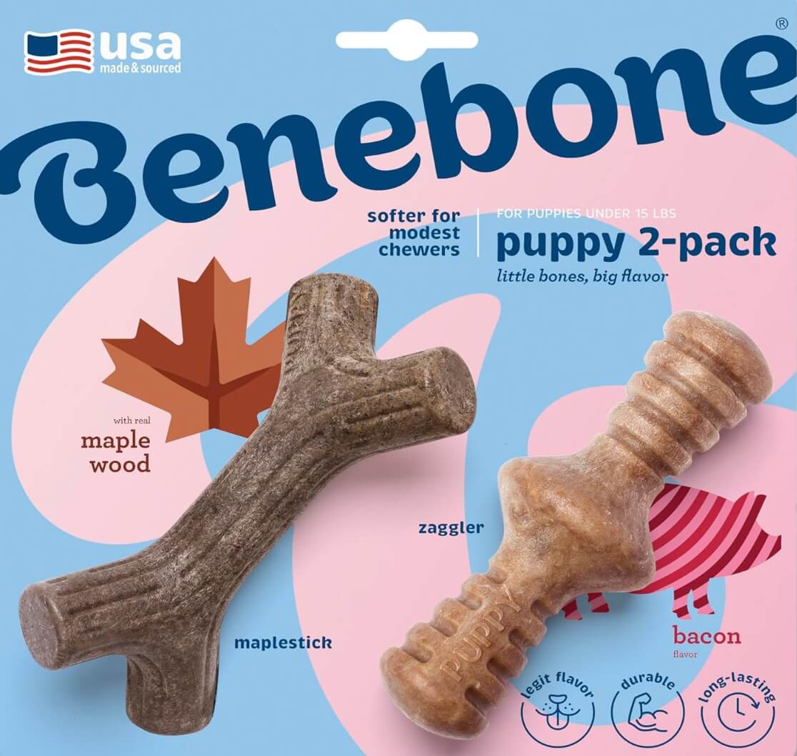 Benebone Puppy 2-Pack Maplestick and Zaggler chew toys for gentle puppy chewers