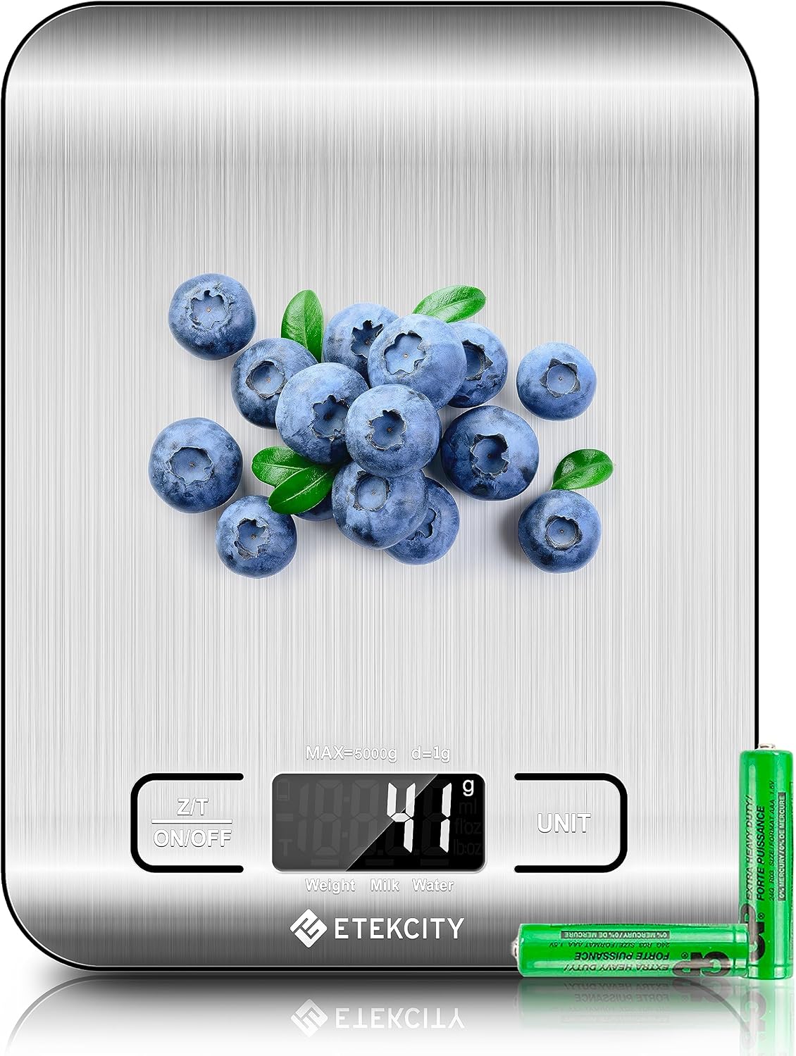 Stainless steel Etekcity digital kitchen scale with an LCD readout