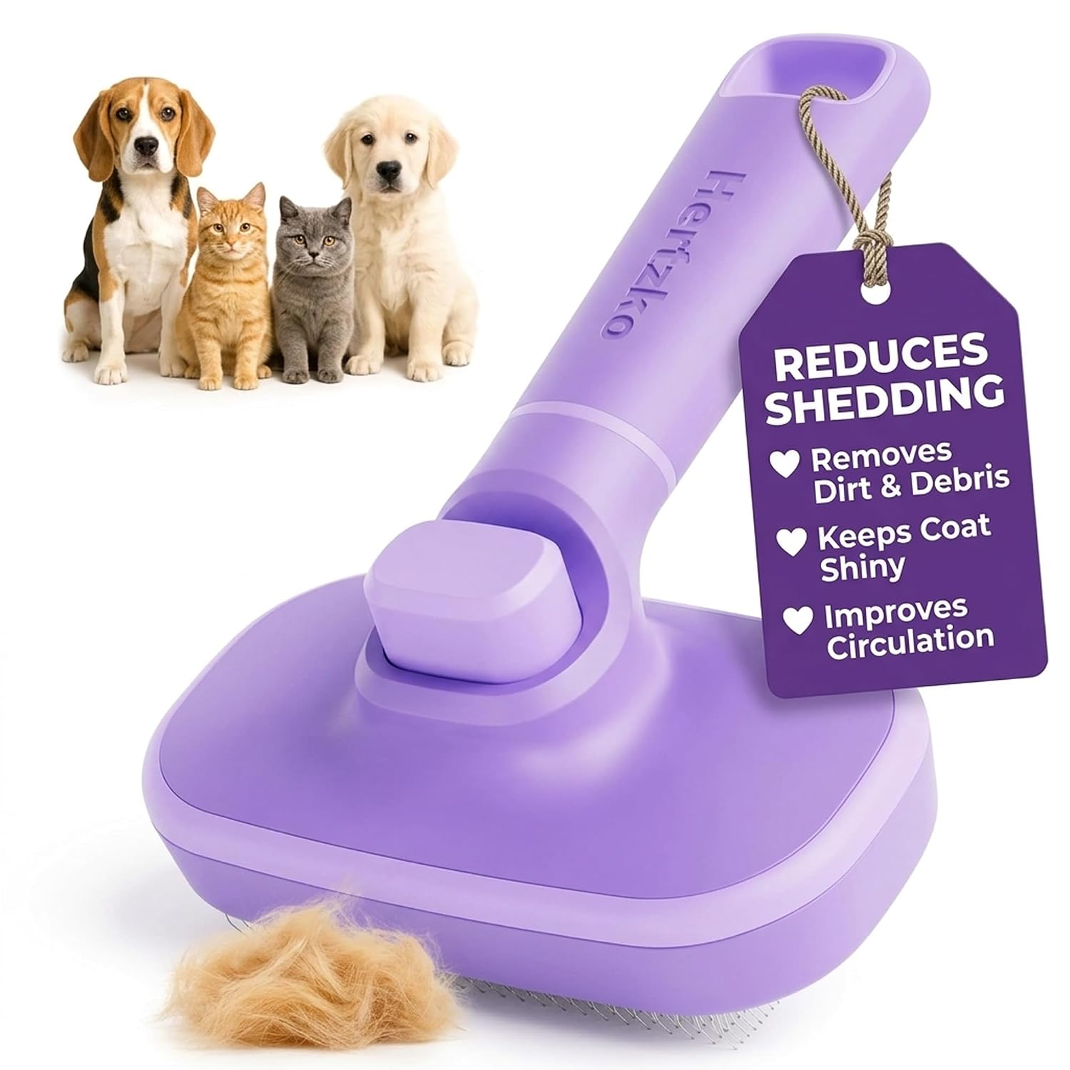 Purple Hertzko self-cleaning slicker brush with a button on the handle