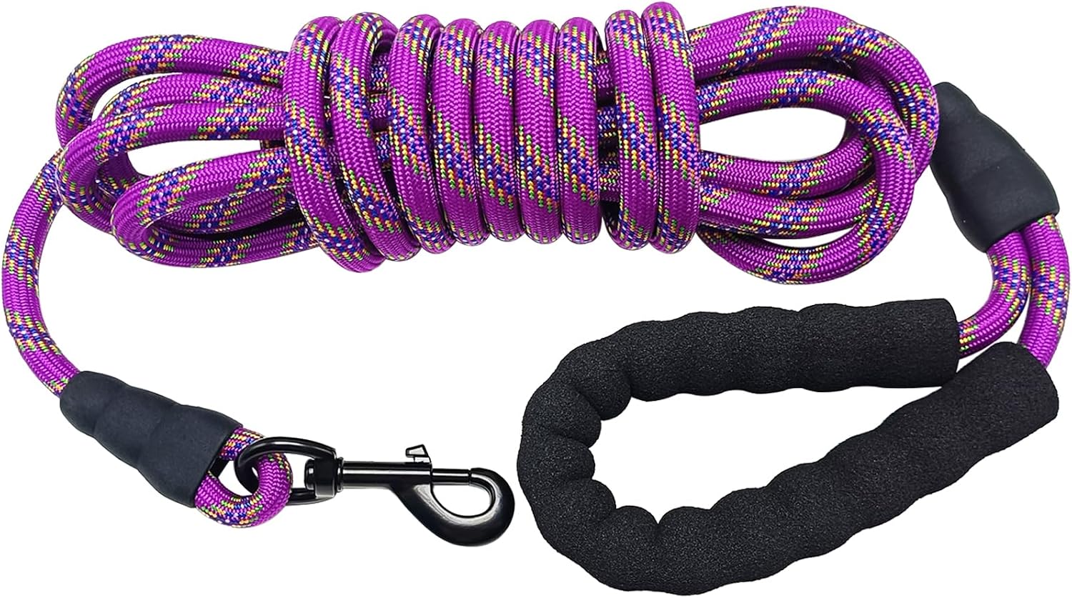 MayPaw purple 30-foot rope dog leash with a padded handle, coiled, marked 30FT