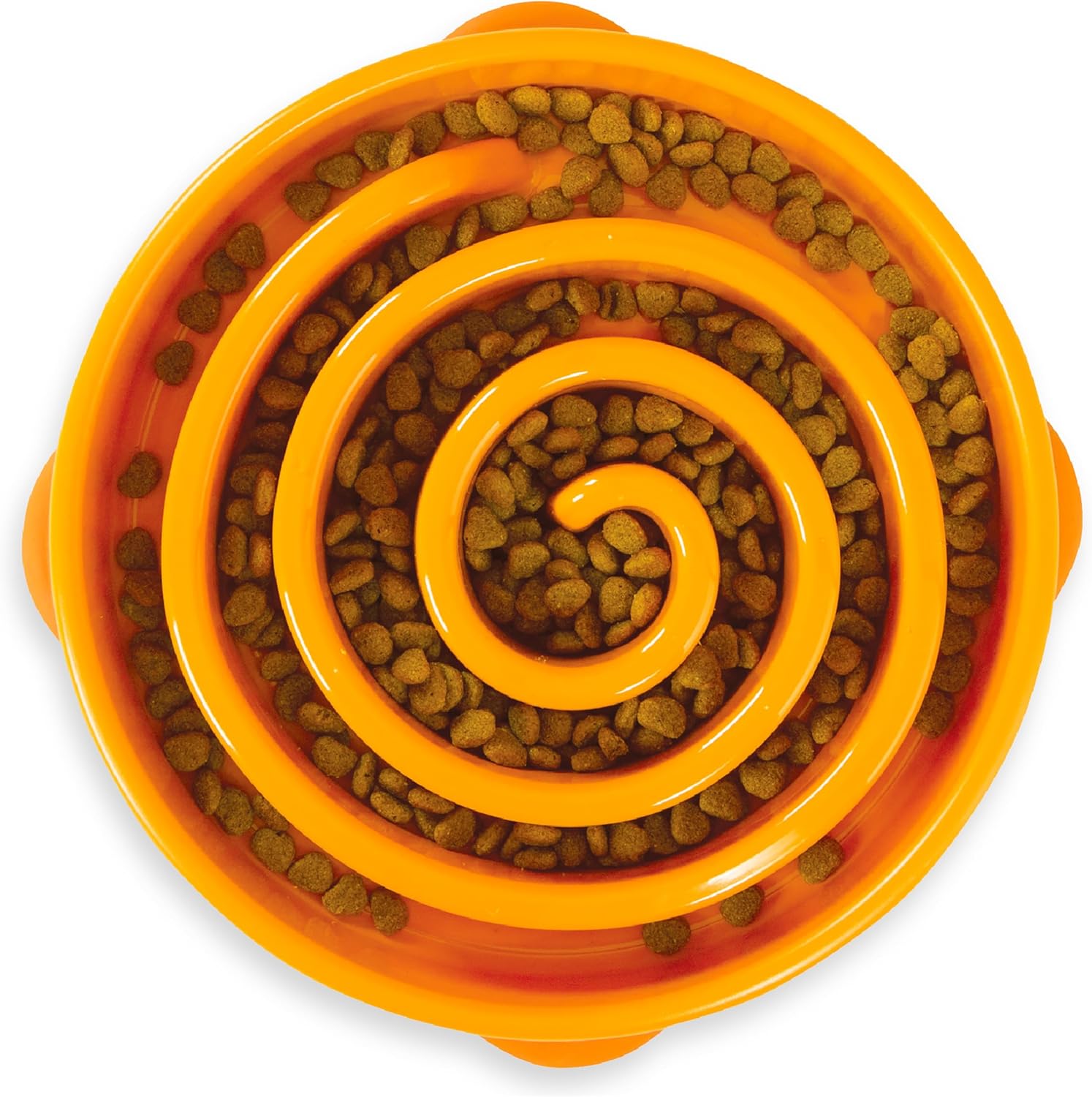 Orange Outward Hound slow feeder bowl with a raised swirl maze, large size