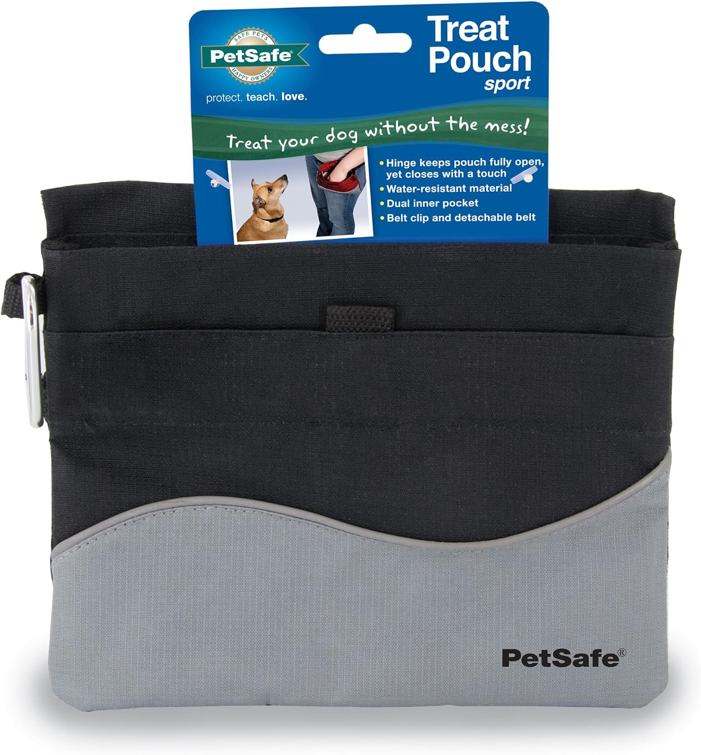 Black PetSafe Sport treat pouch with a wide open top and a belt clip