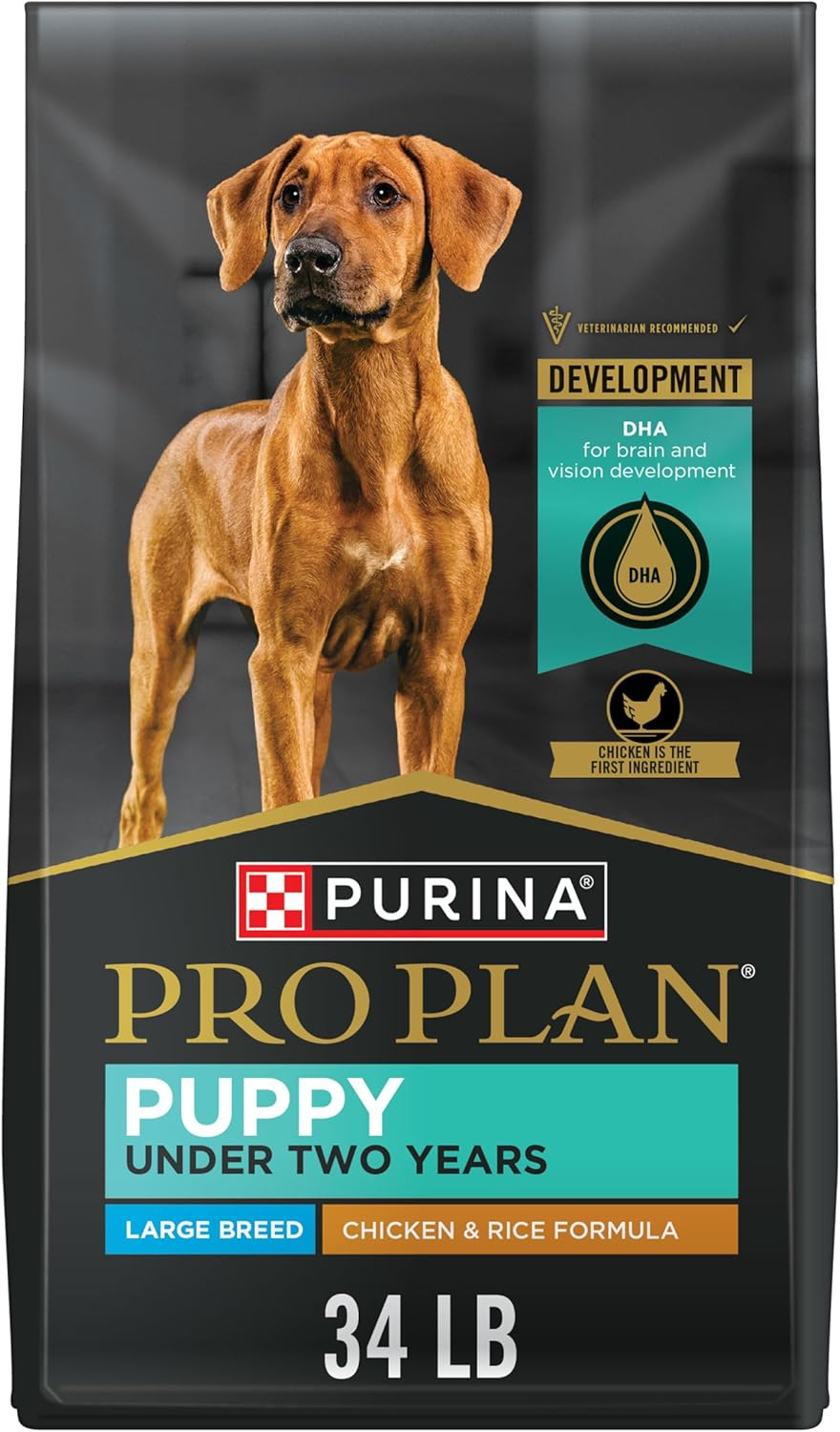 Purple 34-pound bag of Purina Pro Plan large breed dry puppy food, chicken and rice