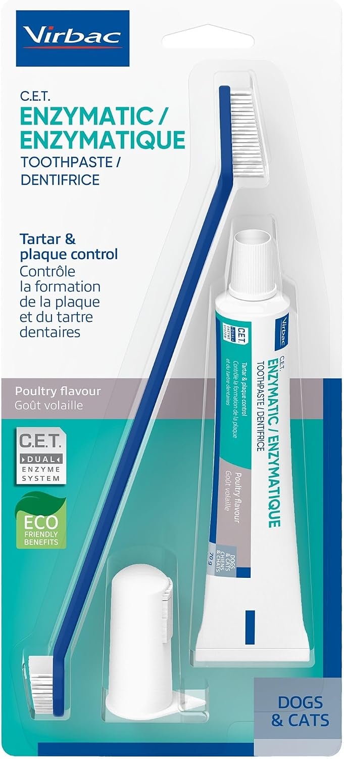 Virbac C.E.T. oral hygiene kit with a poultry toothpaste tube, a dual-end toothbrush, and a finger brush